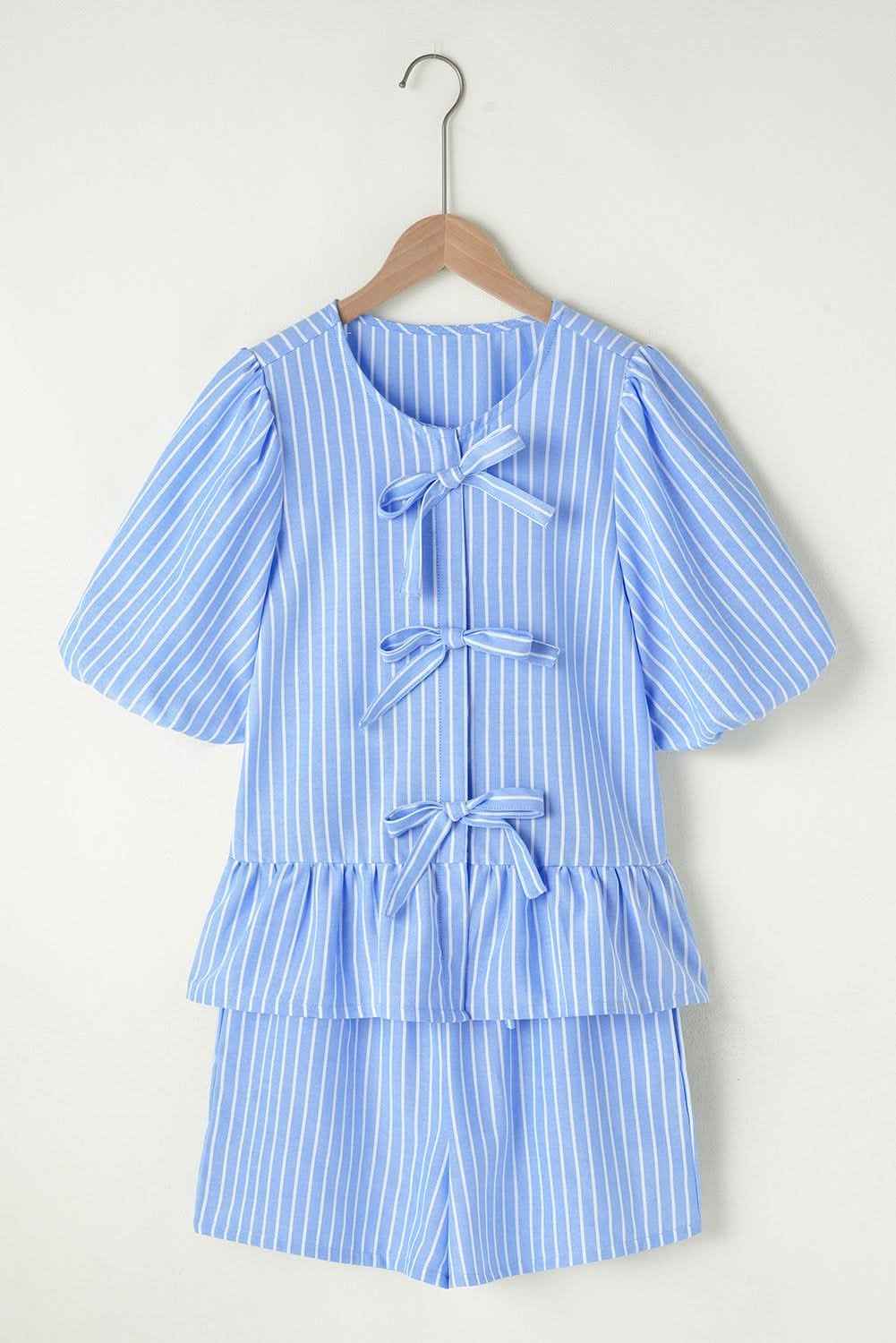 Sky Blue Striped Bowknot Detail Puffy Sleeve Top and Shorts 2Pcs Set