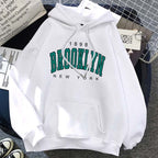 White Brooklyn New York printed hoodie for women in street fashion style