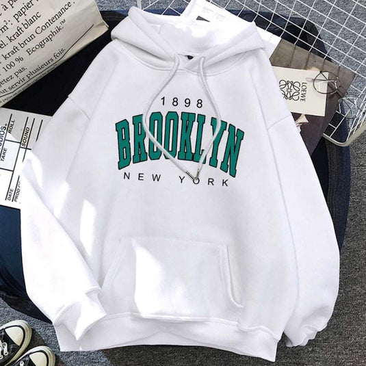 White Brooklyn New York printed hoodie for women in street fashion style