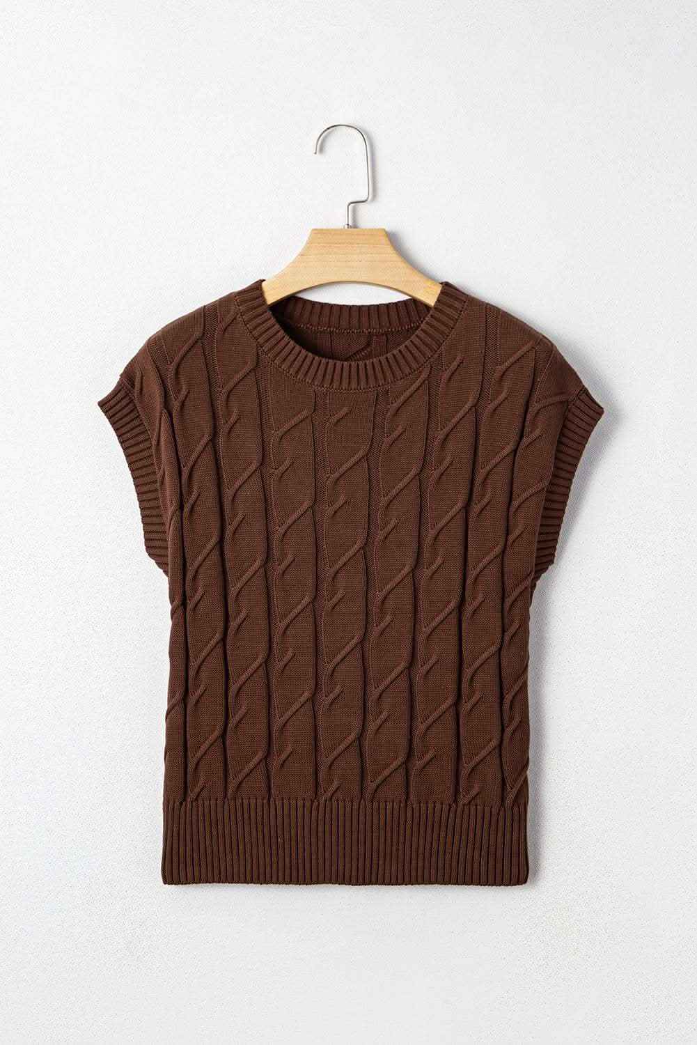 Dark Brown Cable Texture Crew Neck Short Sleeve Sweater Top