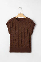 Dark Brown Cable Texture Crew Neck Short Sleeve Sweater Top