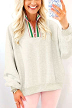 Light grey pullover sweatshirt with contrast striped zip collar and relaxed fit