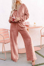 Peach Blossom Velvet Zip-up Hoodie and Wide Leg Pants Set