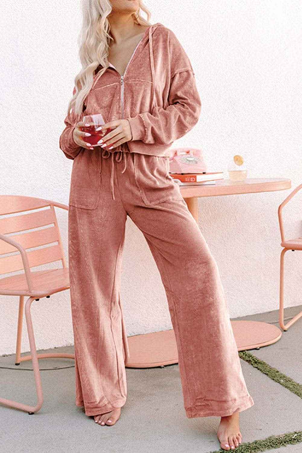 Peach Blossom Velvet Zip-up Hoodie and Wide Leg Pants Set
