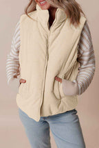 Coffee Corduroy Stand Neck Zipped Puffer Vest