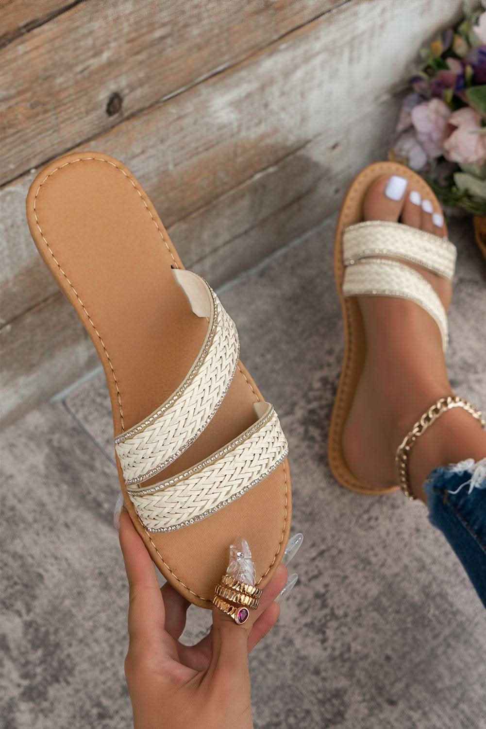 White Woven Straps PU Leather Flat Slippers
