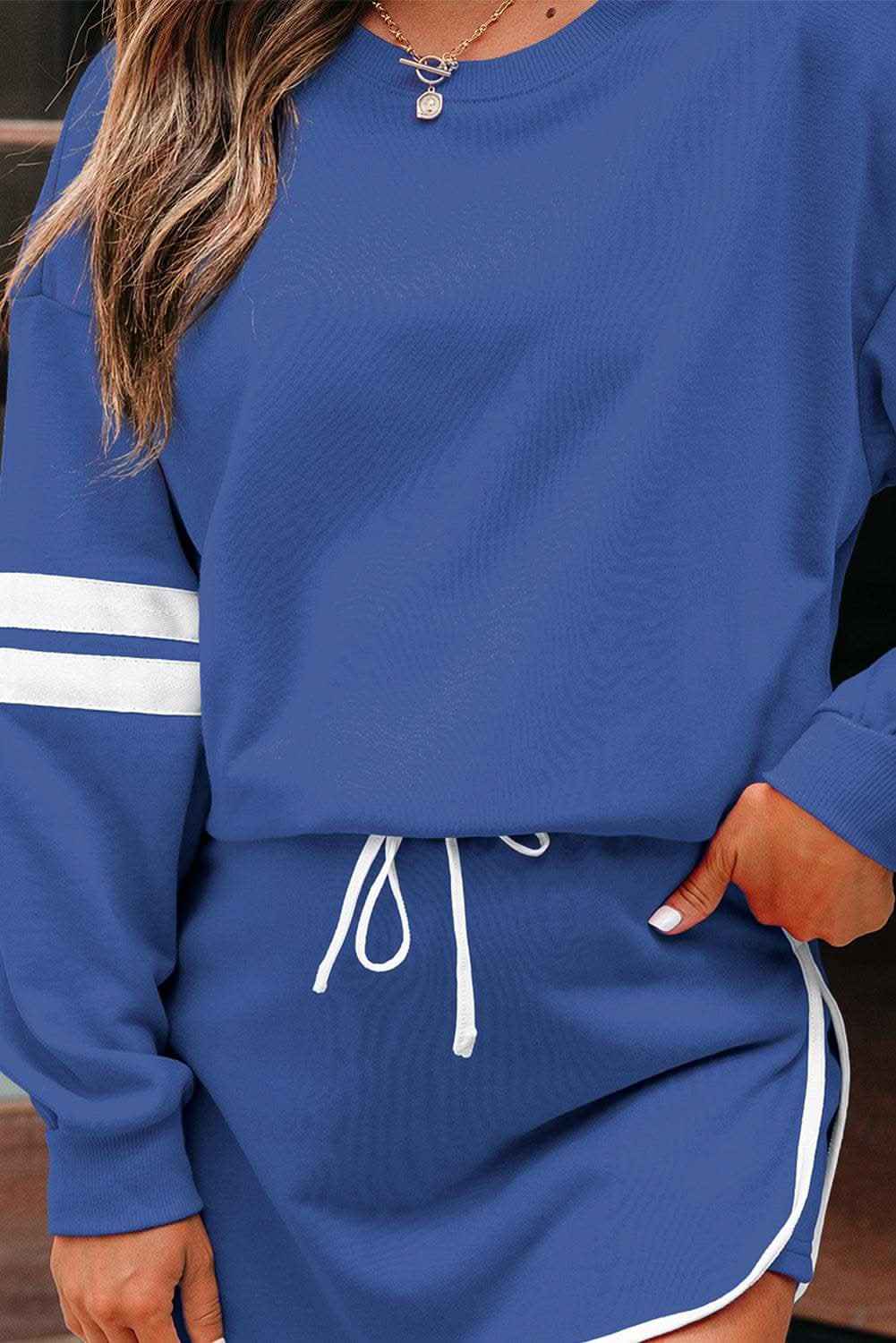 Navy Blue Varsity Stripe Detail Drop Shoulder Pullover Mini Skirt Set