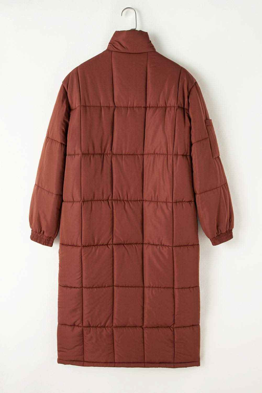 Coffee Quilted Puffer Stand Neck Zipped Mid-length Coat