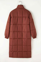 Coffee Quilted Puffer Stand Neck Zipped Mid-length Coat