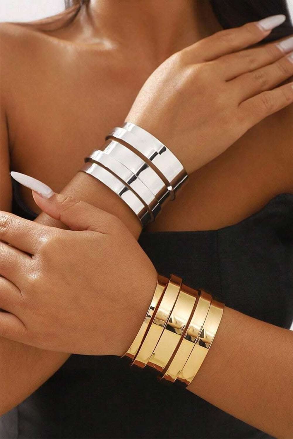 Gold minimalist multi-layered opening alloy bangle on wrist