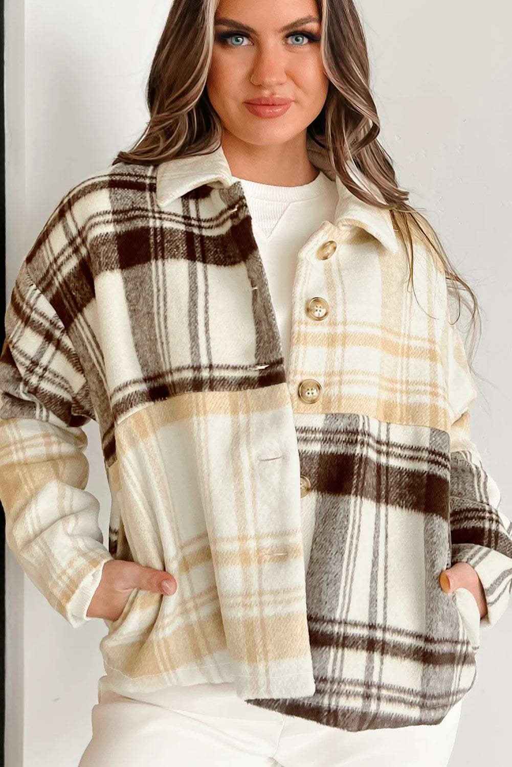 Multicolour Plaid Patchwork Side Pockets Buttoned Shacket