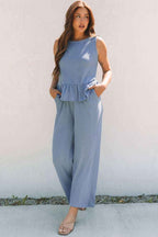 Red Dahlia Solid Color Ribbed Ruffle Tank Top and Pants Set