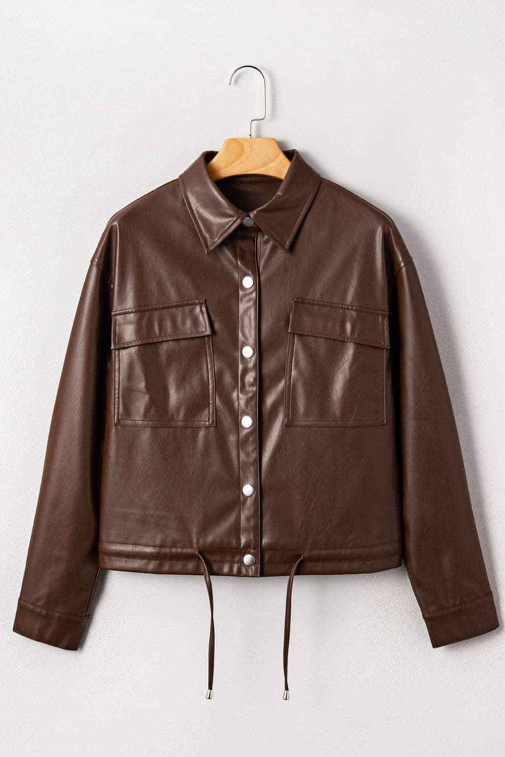 Chicory Coffee Double Flap Pocket Drawstring Hem Leather Jacket