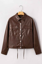 Chicory Coffee Double Flap Pocket Drawstring Hem Leather Jacket
