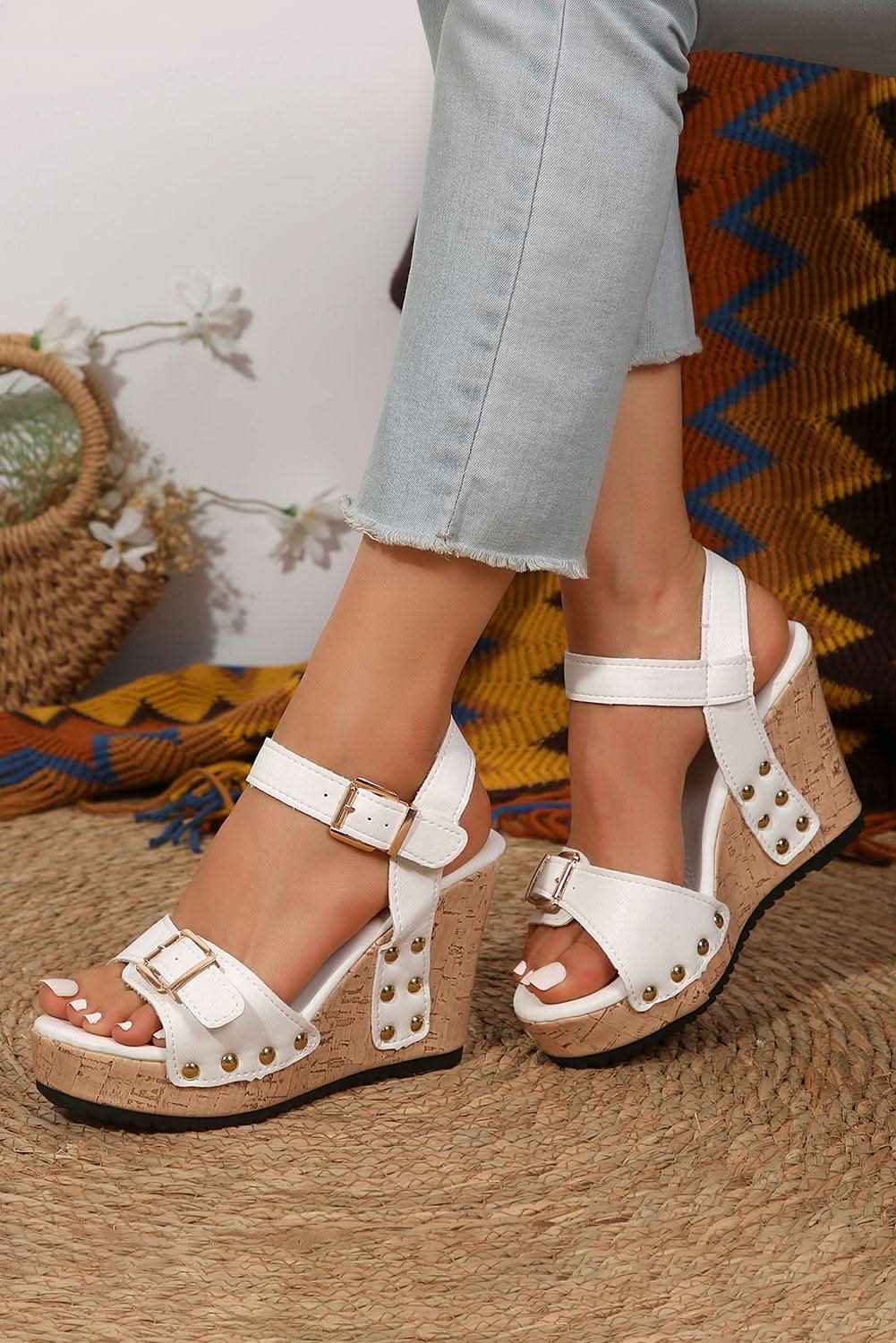 Camel Rivet Buckle Closure Wedge Sandals