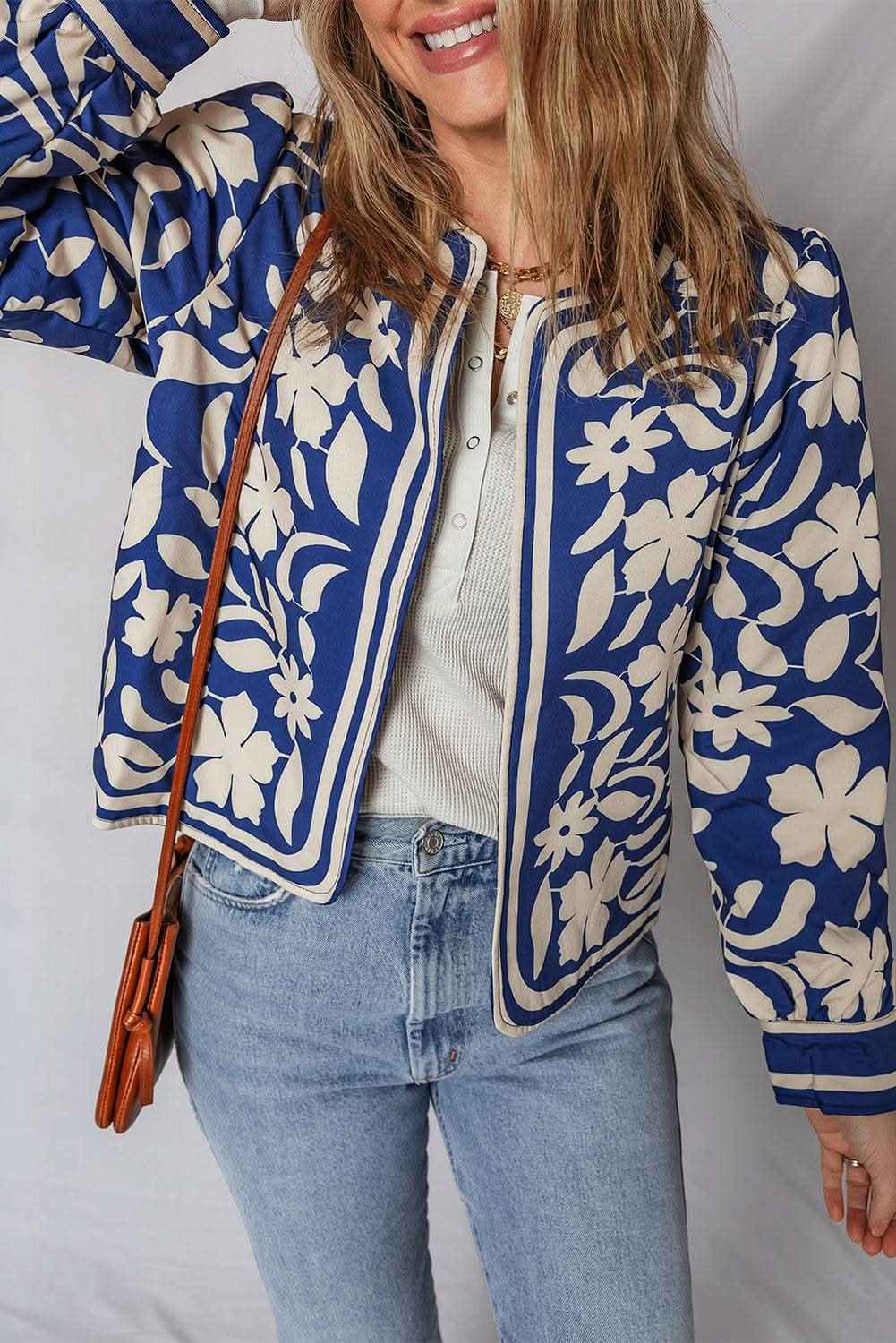 Blue Flower Print Open Front Buttoned Cuffs Elegant Jacket