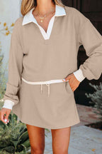Parchment Raw Edge Detail Colorblock Patchwork Cropped Pullover Drawstring Skirt Set
