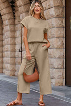 Parchment Solid Color Textured Short Sleeve Top and Casual Pants Set