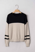 Dark Brown Color Block Knit Striped Sleeve Detail Casual Sweater