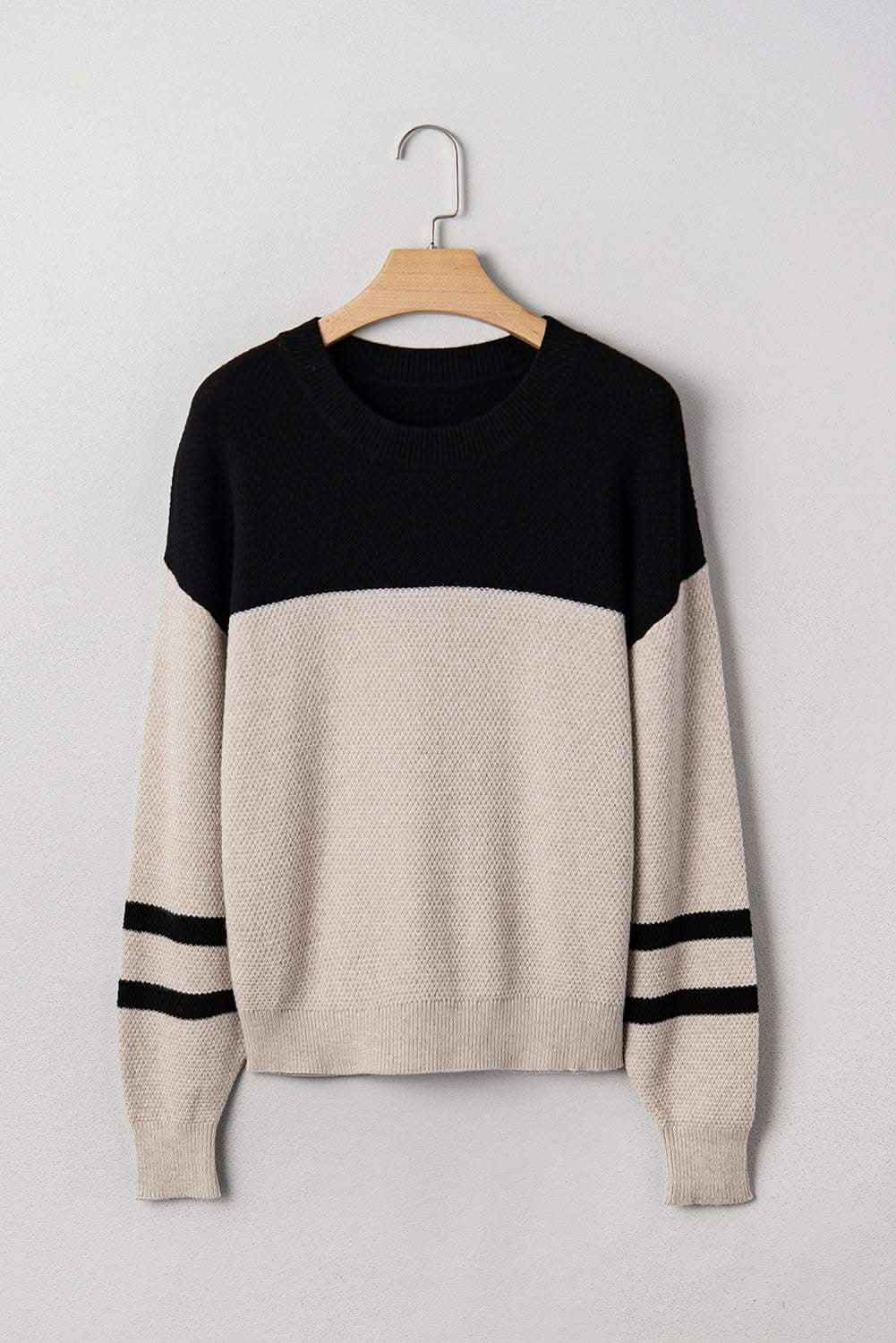 Dark Brown Color Block Knit Striped Sleeve Detail Casual Sweater