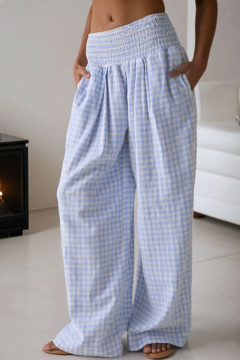 Myosotis Plaid Print smocked high waist loose women's pants in light blue gingham pattern with side pockets
