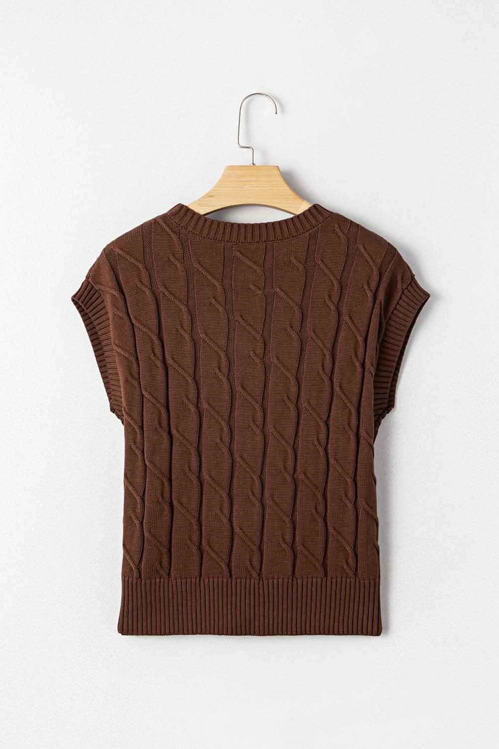 Dark Brown Cable Texture Crew Neck Short Sleeve Sweater Top