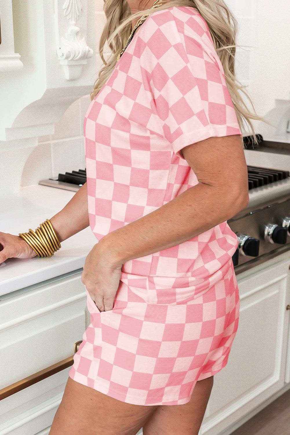 Beige Checkered V Neck Tee Drawstring Shorts Lounge Set