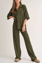 Four Leaf Clover Solid Color Textured Buttoned Shirt and Casual Pants Set