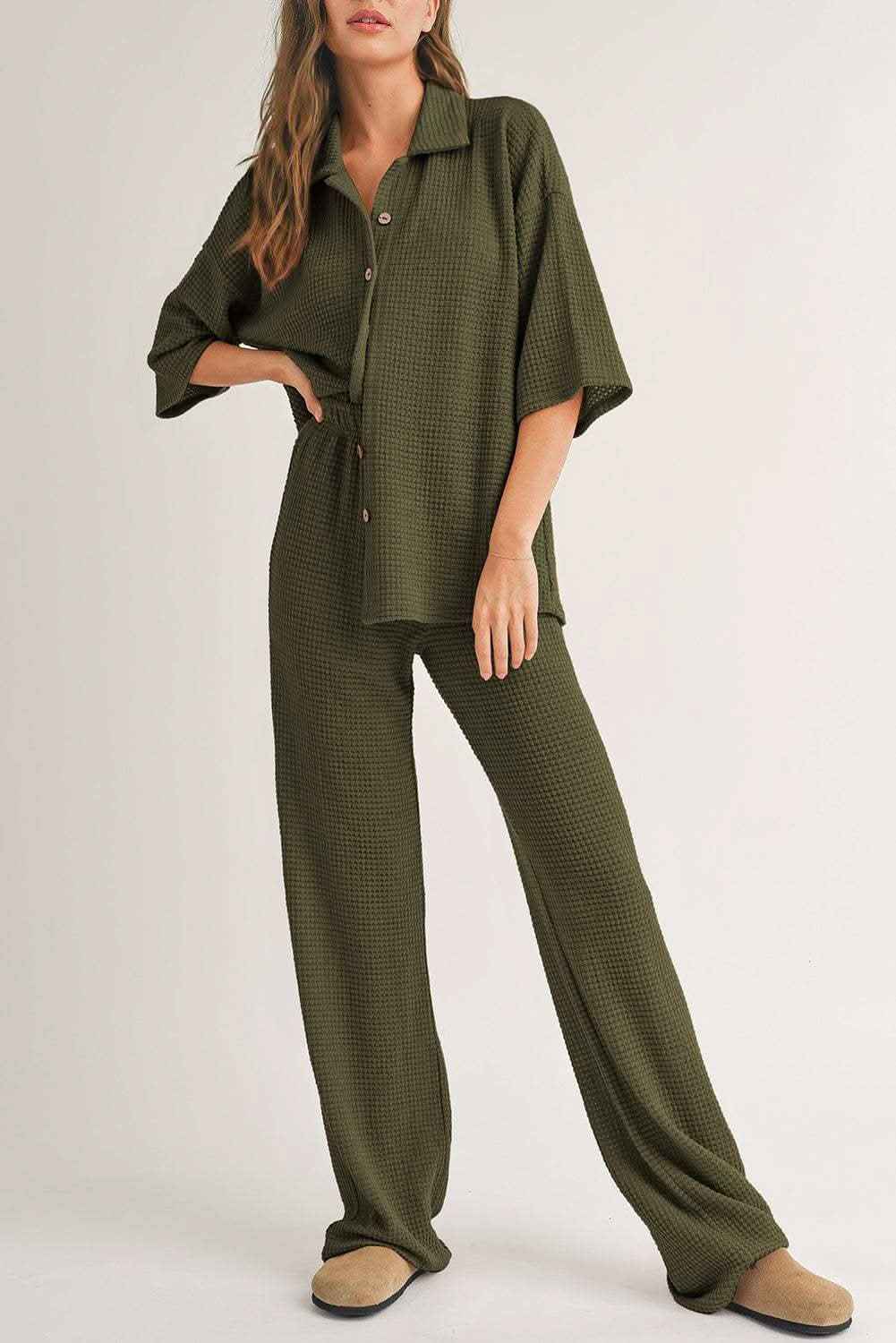 Four Leaf Clover Solid Color Textured Buttoned Shirt and Casual Pants Set
