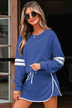 Navy Blue Varsity Stripe Detail Drop Shoulder Pullover Mini Skirt Set