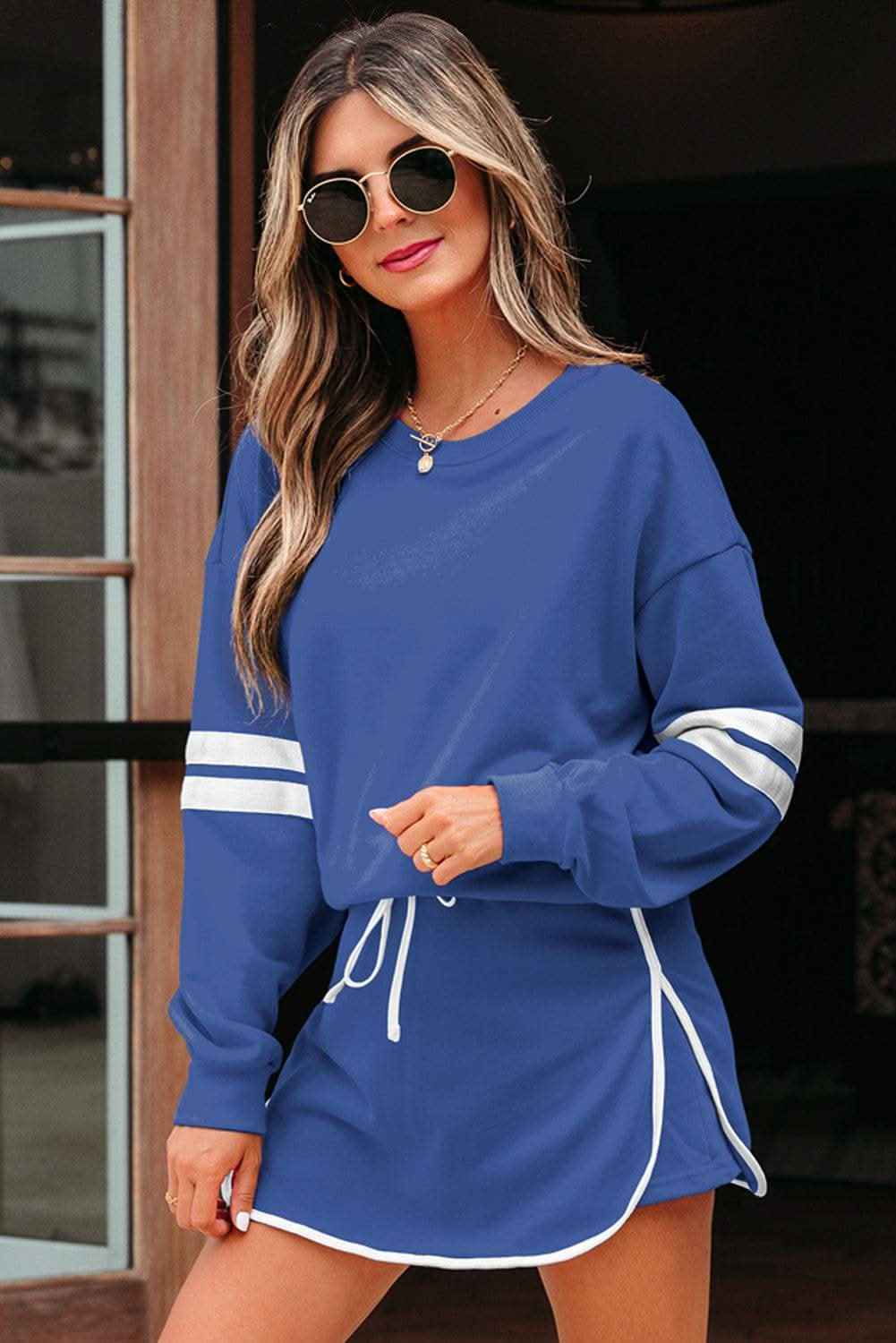 Navy Blue Varsity Stripe Detail Drop Shoulder Pullover Mini Skirt Set