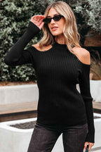 Black Ribbed Knit Cold Shoulder Choker Neck Sweater