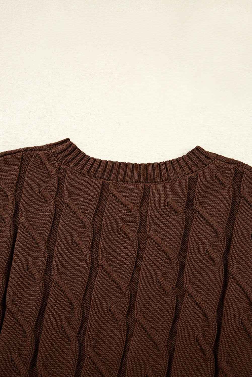 Dark Brown Cable Texture Crew Neck Short Sleeve Sweater Top