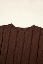 Dark Brown Cable Texture Crew Neck Short Sleeve Sweater Top