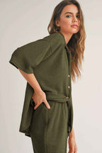 Four Leaf Clover Solid Color Textured Buttoned Shirt and Casual Pants Set