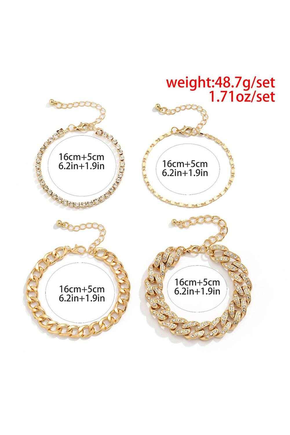 Gold 4pcs Rhinestone Decor Adjustable Chain Plated Bracelet Set