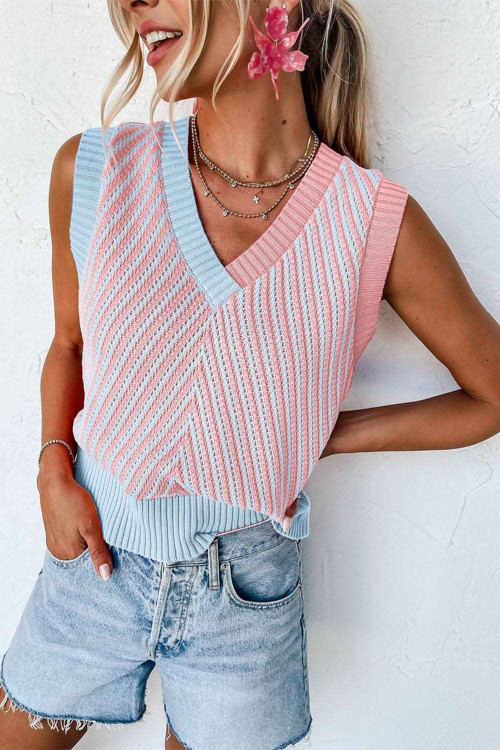 Sky Blue Contrast Chevron Knit V Neck Sweater Vest
