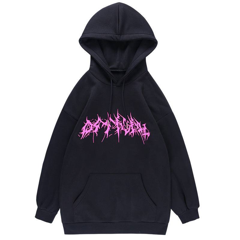 Black American street style printed hoodie with pink graffiti text and kangaroo pocket