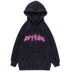 Black American street style printed hoodie with pink graffiti text and kangaroo pocket