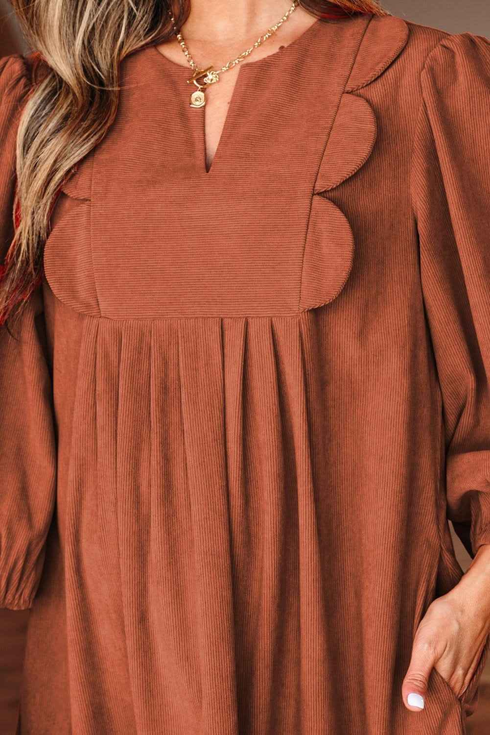Cinnamon Bracelet Sleeve Split Neck Scallop Detail Pleated Corduroy Mini Dress