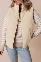 Coffee Corduroy Stand Neck Zipped Puffer Vest