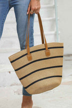 Black Straw Woven Striped Vacation One Shoulder Bag
