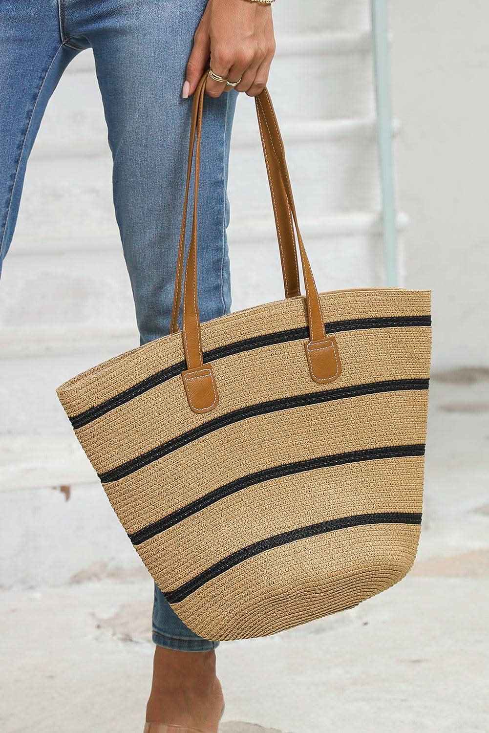 Black Straw Woven Striped Vacation One Shoulder Bag
