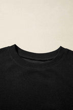 Black Ribbed Texture Baggy Drop Shoulder Pullover and Shorts Set