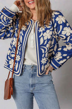 Blue Flower Print Open Front Buttoned Cuffs Elegant Jacket