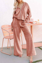 Peach Blossom Velvet Zip-up Hoodie and Wide Leg Pants Set