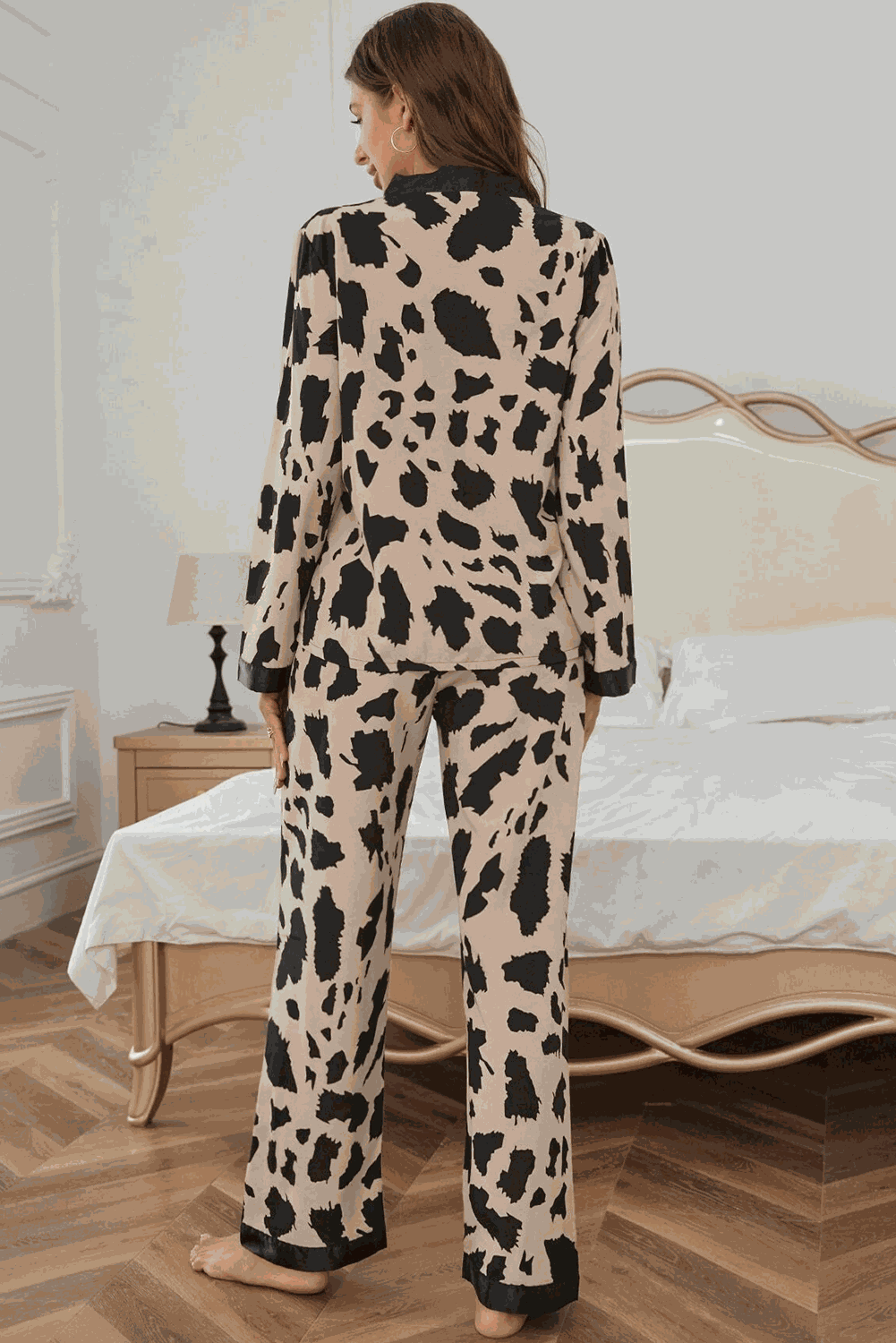 Khaki Cheetah Contrast Trim Loose Fit Two Piece Sleepwear