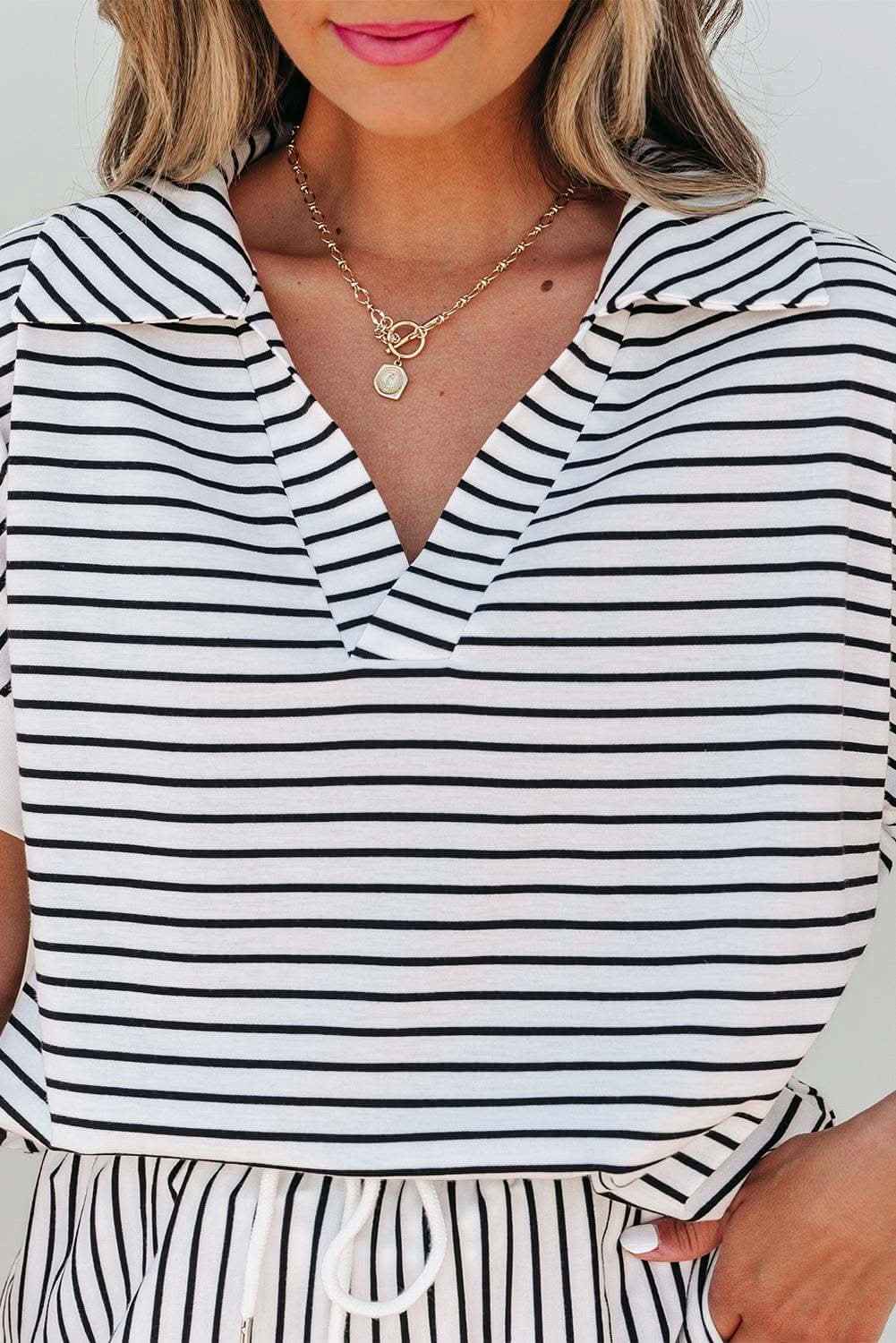 Black Stripe V Neck Tee and Casual Short Set