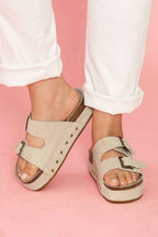 Beige Suede Buckle Decor Footbed Sandal Slippers