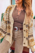 Khaki Western Pattern Knitted Button V Neck Cardigan Sweater
